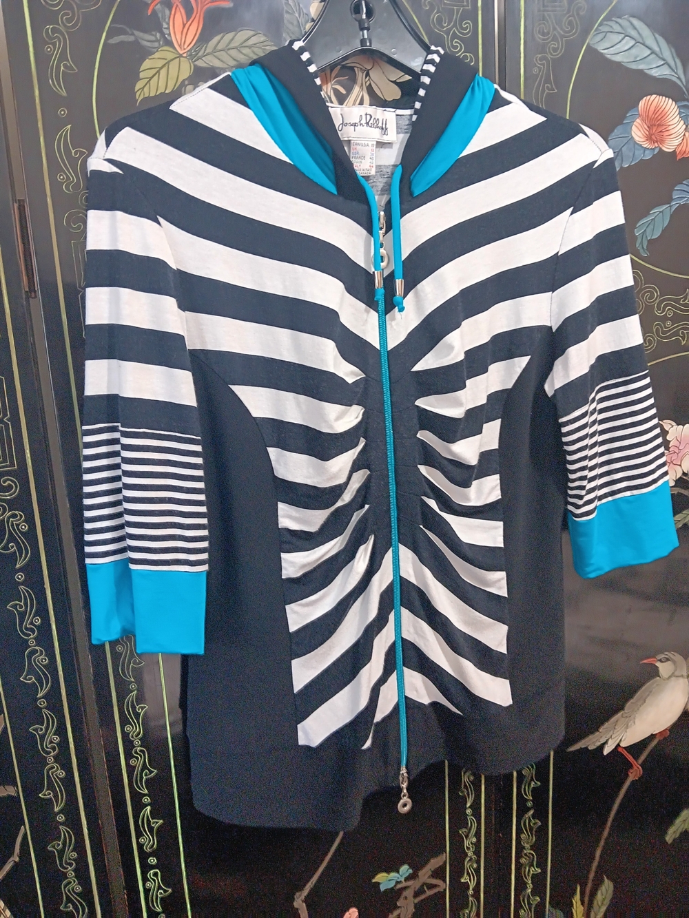 Joseph Ribkoff Striped Zip Hoodie with Teal Accents - Picture 5 of 5